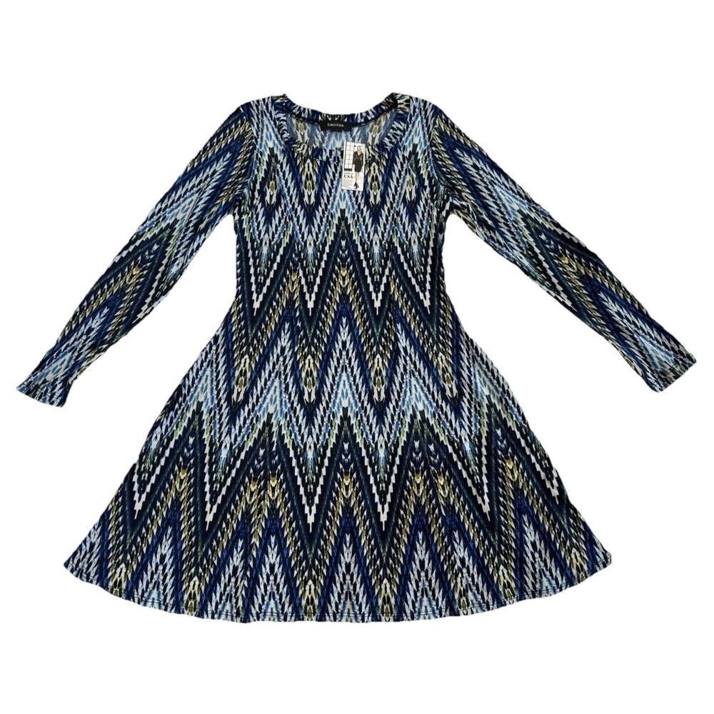 Karen Kane Blue Green Geometric A-Line Dress Stretch Long Sleeve Women's M